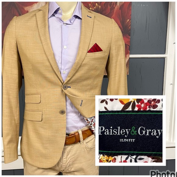 Paisley & Gray Blazer Jacket Mens 36R Slim Fit Polyester Blend Stretch Khaki